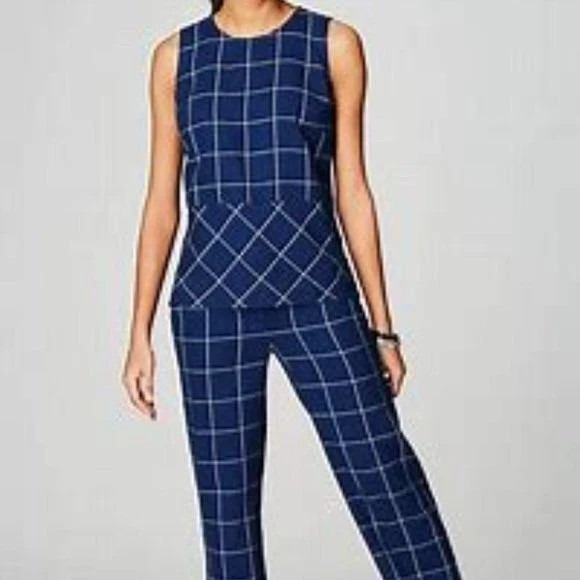 J Jill Sleeveless Peplum Top Blue White Windowpane Corpcore Prep Classic Plus 1X - Picture 1 of 16